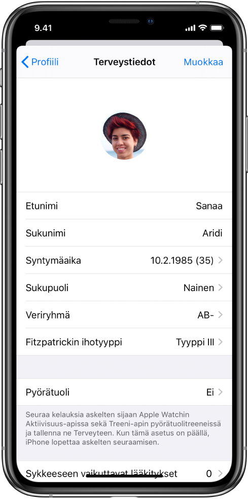 Terveyden lisätiedot -näyttö 35-vuotiaasta naisesta.