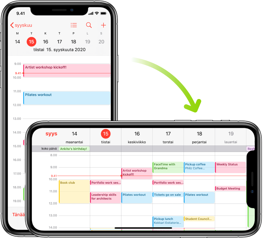 Taustalla olevassa iPhonessa näkyy Kalenteri-näkymä, jossa ovat yhden päivän tapahtumat pystysuunnassa. Etualalla on iPhone käännettynä vaakasuuntaan, ja siinä näkyvät kalenteritapahtumat koko siltä viikolta, jolla päivä on.