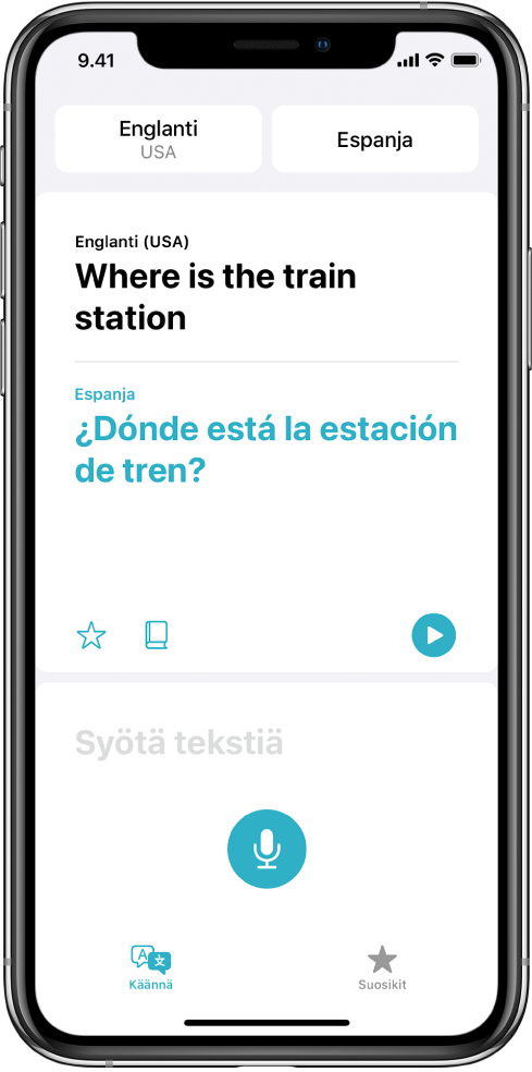 Käännä-näyttö, jossa näkyy ylhäällä valittuina kaksi kieltä englanti ja espanja, keskellä käännös ja alhaalla tekstinsyöttökenttä.