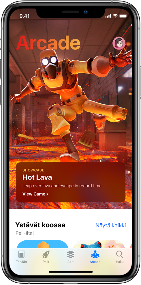 App Storen Arcade-näytöllä näkyy esittelyssä oleva peli. Yläoikealla on profiilikuvasi, jota napauttamalla voit katsella ostoksia ja hallita tilauksia. Alareunassa vasemmalta oikealle ovat Tänään-, Pelit-, Apit-, Arcade, ja Haku-välilehdet.