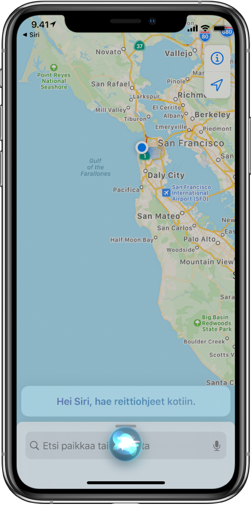 Kartta, jossa näkyy Sirin vastaus ”Haetaan reittiohjeet kotiin” näytön alareunassa.