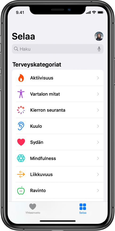 Terveyskategoriat-näyttö Terveys-apissa.