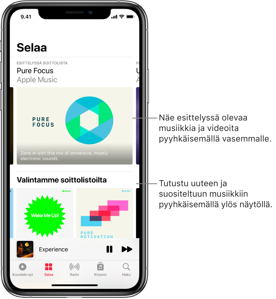 Selaa-näyttö, jonka yläosassa näytetään esittelyssä olevaa musiikkia. Voit näyttää enemmän esittelyssä olevaa musiikkia ja videoita pyyhkäisemällä vasemmalle. Alla on Soittolistavalintamme‑osio, jossa näkyy kaksi Apple Music -kanavaa. Pakko kuunnella -osion oikealla puolella näkyy Näytä kaikki -painike. Voit tutustua uuteen ja suositeltuun musiikkiin pyyhkäisemällä näytöllä ylös.