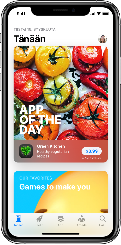 App Storen Tänään-näytöllä näkyy esittelyssä oleva appi. Yläoikealla on profiilikuvasi, jota napauttamalla voit katsella ostoksia ja hallita tilauksia. Alareunassa vasemmalta oikealle ovat Tänään-, Pelit-, Apit-, Arcade, ja Haku-välilehdet.