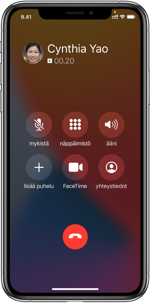 iPhonen näyttö, jossa näkyvät puhelun aikana mahdollisten valintojen painikkeet. Ylärivillä vasemmalta oikealle ovat mykistys-, näppäimistö- ja kaiutinpainikkeet. Ylärivillä vasemmalta oikealle ovat Lisää puhelu-, FaceTime- ja Yhteystiedot-painikkeet.
