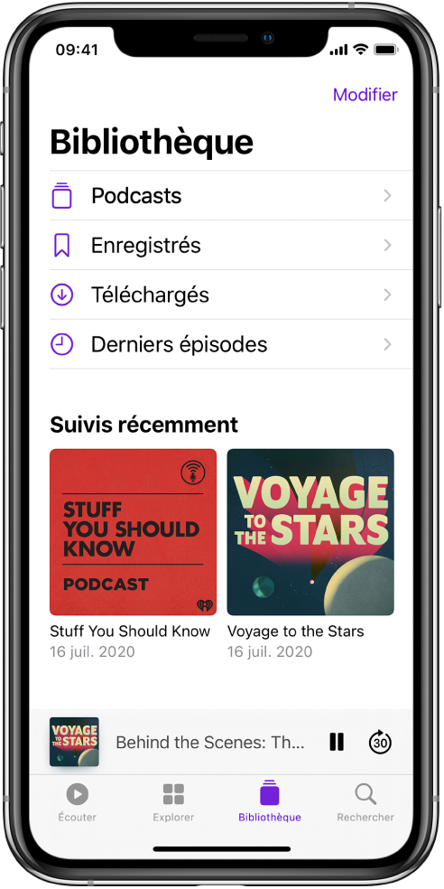 L’onglet Bibliothèque affichant les podcasts récemment suivis.