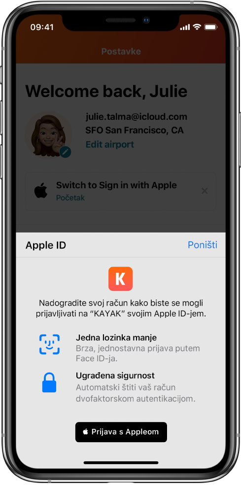 Aplikacija u kojoj je prikazana tipka Prijava s Appleom.