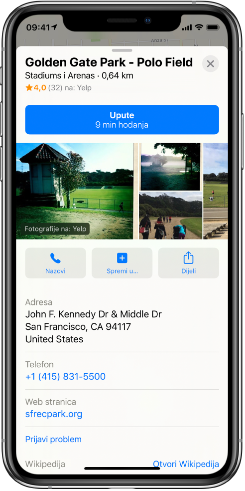 Informacijska kartica za park. Tipka za Upute pojavljuje se pri vrhu kartice. Fotografije parka pojavljuju se ispod tipke Upute. Ispod fotografija, slijeva nadesno, nalaze se tipke Poziv, Spremi i Dijeli. Dodatne informacije pojavljuju se ispod tipki, uključujući adresu, telefonski broj i link na web stranicu.