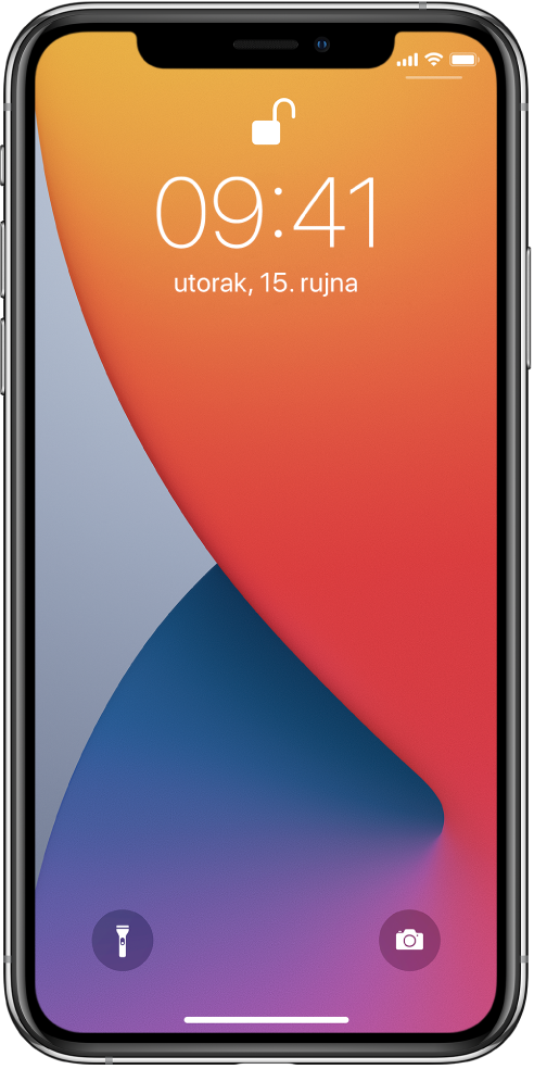 Na zaključanom zaslonu iPhone uređaja prikazuje se vrijeme i datum.