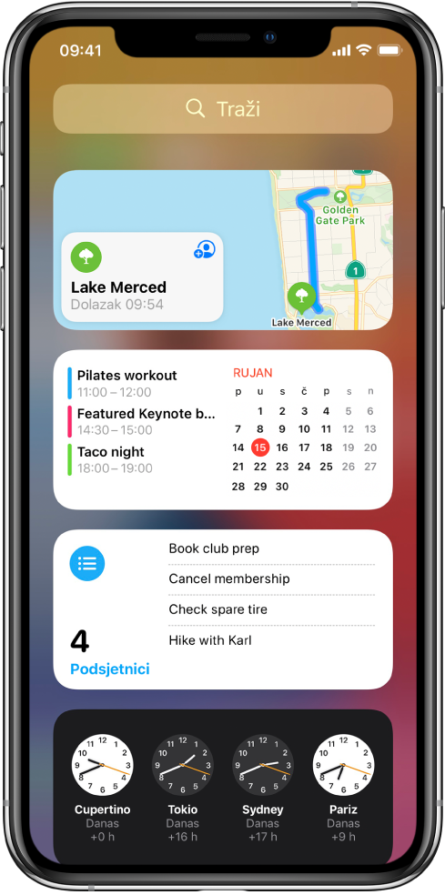 Widgeti Prikaza današnjih obavijesti na iPhoneu, uključujući Karte, Kalendar, Podsjetnike i widgete aplikacije Sat.
