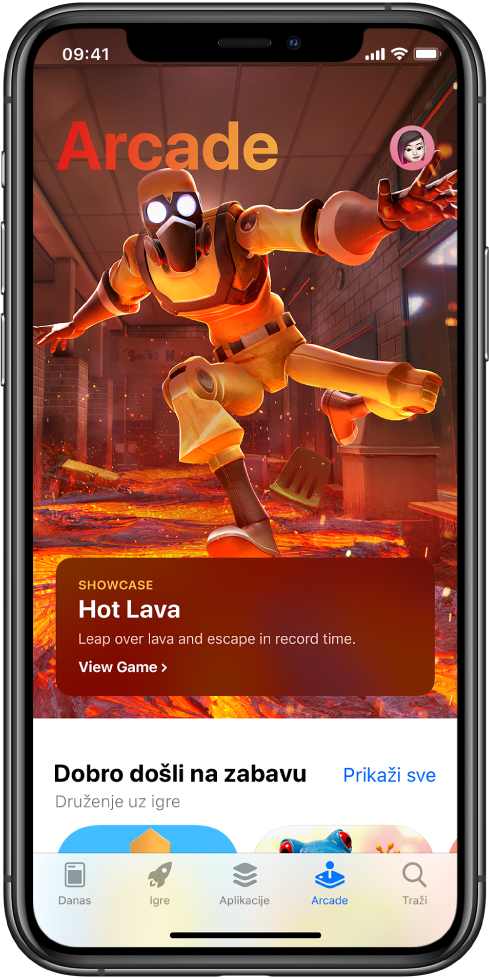 Zaslon Arcade u trgovini App Store s izdvojenom igrom. Vaša profilna slika, koju možete dodirnuti za prikaz kupljenih stavki i upravljanje pretplatama, nalazi se u gornjem desnom uglu. Na dnu, slijeva nadesno, nalaze se kartice Danas, Igre, Aplikacije, Arcade i Traži.