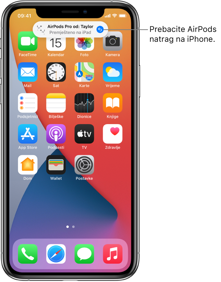 Zaključani zaslon s porukom na vrhu koja kaže “Taylor’s AirPods Pro Moved to iPad” i tipkom za prebacivanje AirPods slušalica natrag na iPhone.