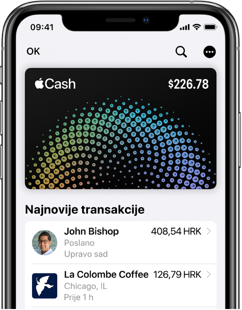 Kartica Apple Cash u Walletu, s prikazanom tipkom Više gore desno i najnovijim transakcijama ispod kartice.