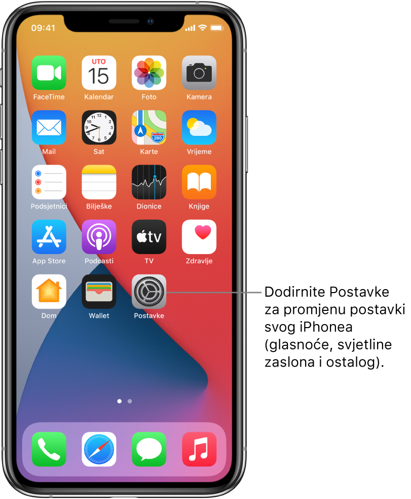 Početni zaslon s nekoliko ikona aplikacija, uključujući ikonu Postavki koju možete dodirnuti za promjenu glasnoće zvuka, svjetline zaslona i ostalih postavki svog uređaja iPhone.