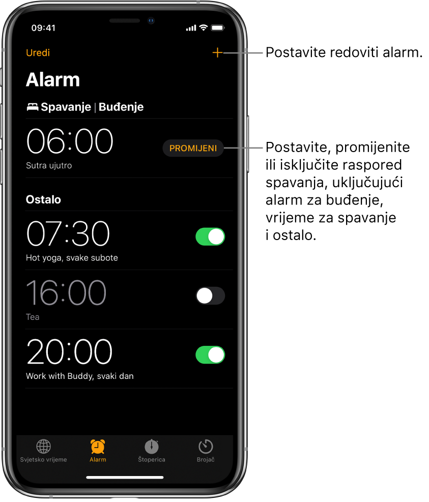 Kartica Alarm koja prikazuje četiri alarma podešena na različita vremena, tipku za podešavanje redovitog alarma u gornjem desnom kutu i alarm Buđenje s tipkom za promjenu rasporeda spavanja u aplikaciji Zdravlje.