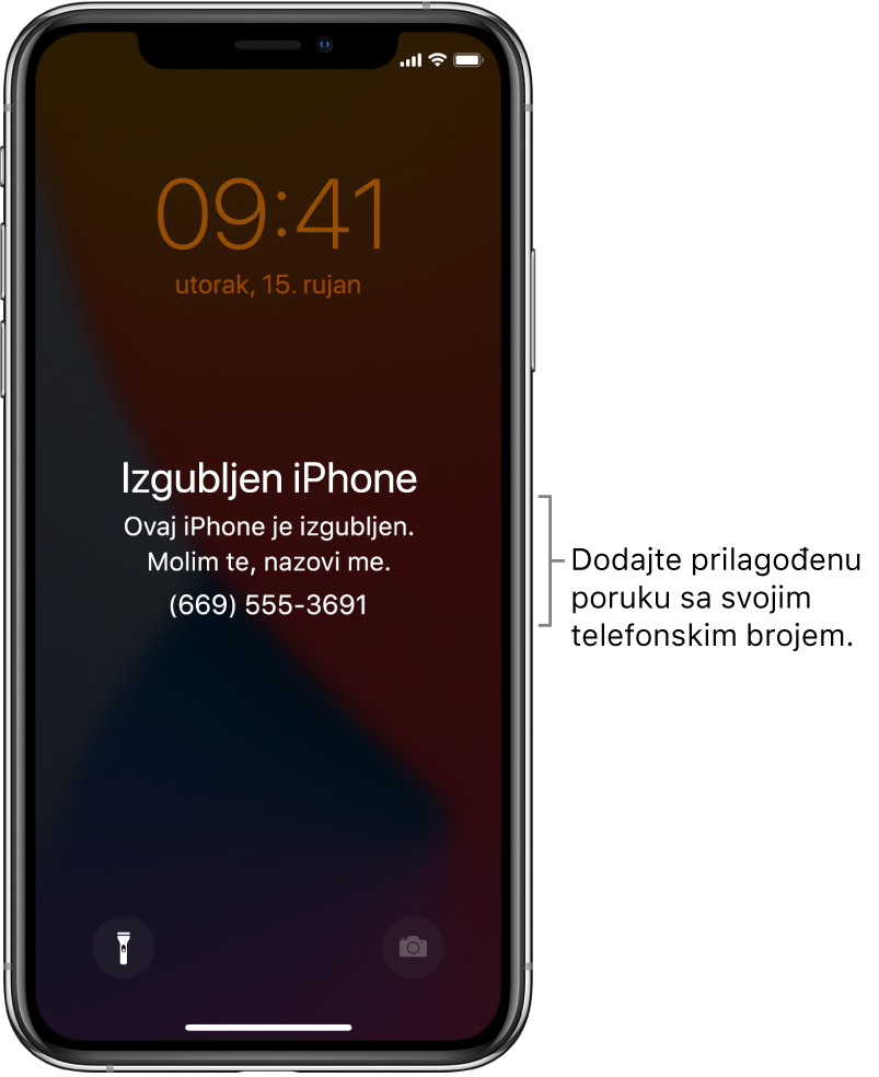 Zaključani zaslon iPhonea s porukom: “Izgubljeni iPhone. Ovaj je iPhone izgubljen. Nazovite me. (669) 555-3691.” Možete dodati vlastitu poruku sa svojim brojem telefona.