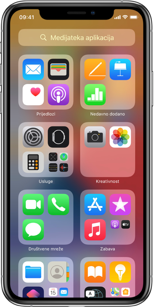 Medijateka aplikacija iPhone uređaja prikazuje aplikacije organizirane po kategoriji (Usluge, Kreativnost, Društvene mreže, Zabava itd.).