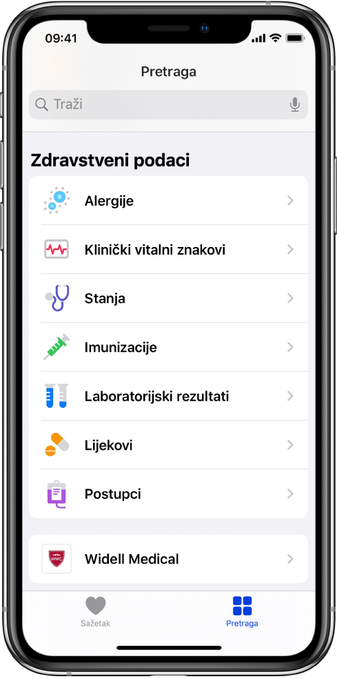 Zaslon Zdravstveni podaci u aplikaciji Zdravlje. Zaslon navodi kategorije koje uključuju Alergije, Klinički znakovi života i Zdravstvena stanja. Ispod popisa kategorija nalazi se tipka za Widell Medical. Na dnu zaslona, odabrana je tipka Traži.