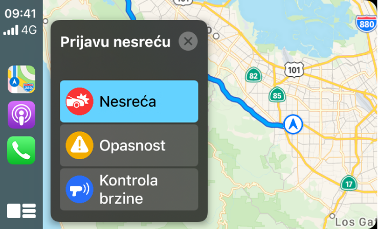 CarPlay prikazuje ikone za Karte, Podcaste i Telefon s lijeve strane i kartu trenutačnog područja s desne gdje se prijavljuju Stanje na cestama, Opasnost ili Kontrola brzine.