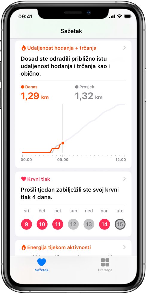 Zaslon Sažetak prikazuje istaknute stavke koje uključuju udaljenost prijeđenu hodanjem i trčanjem taj dan i broj dana prethodnog tjedna u kojima je snimljen puls.