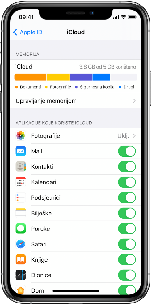 Na zaslonu postavki za iCloud prikazuje se mjerač kapaciteta iClouda i popis aplikacija i značajki, uključujući Mail, Kontakti i Poruke, koji se mogu upotrebljavati uz iCloud.