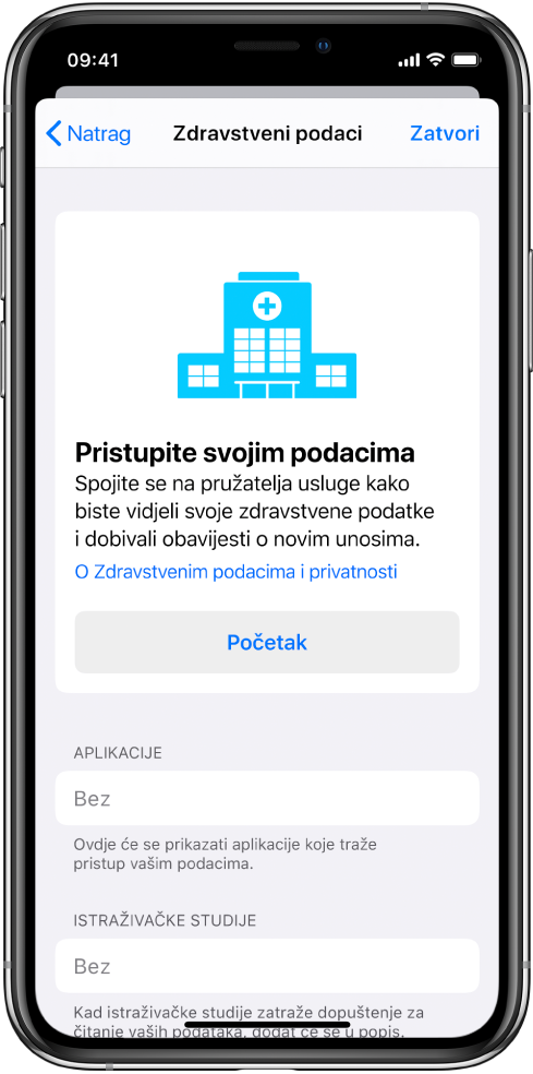 Zaslon Početak za postavljanje preuzimanja zdravstvenih podataka.
