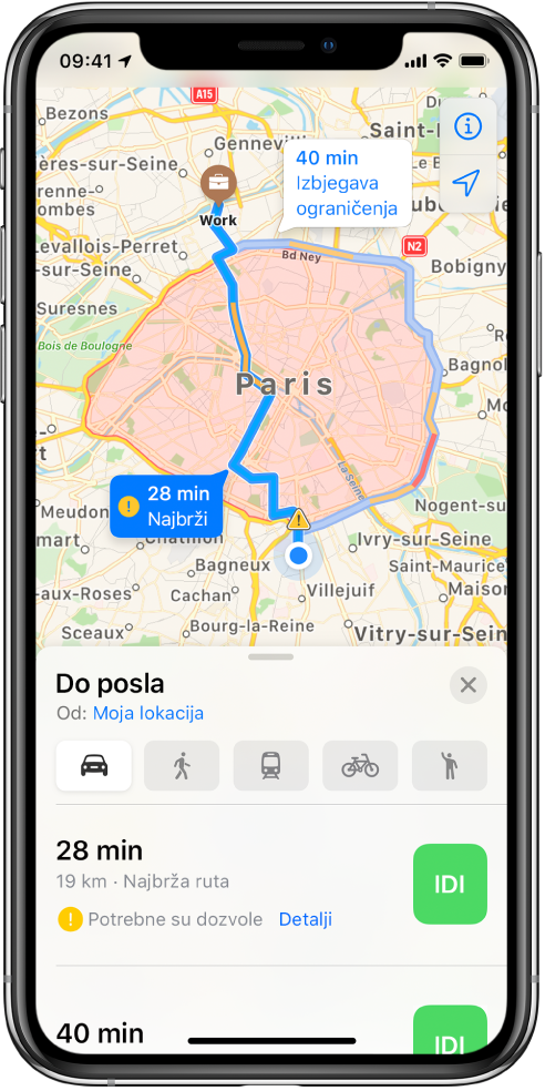 Karta s Parizom u središtu koja prikazuje brzu rutu izravno kroz grad i sporiju rutu oko grada koja izbjegava ograničenja.