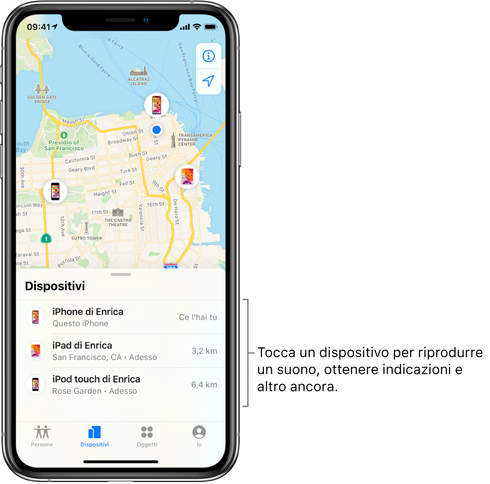 La schermata di Dov'è aperta sul pannello Dispositivi. Nell'elenco sono visibili tre dispositivi: iPhone di Enrica, iPad di Enrica e iPod touch di Enrica. Le loro posizioni sono mostrate su una mappa di San Francisco.