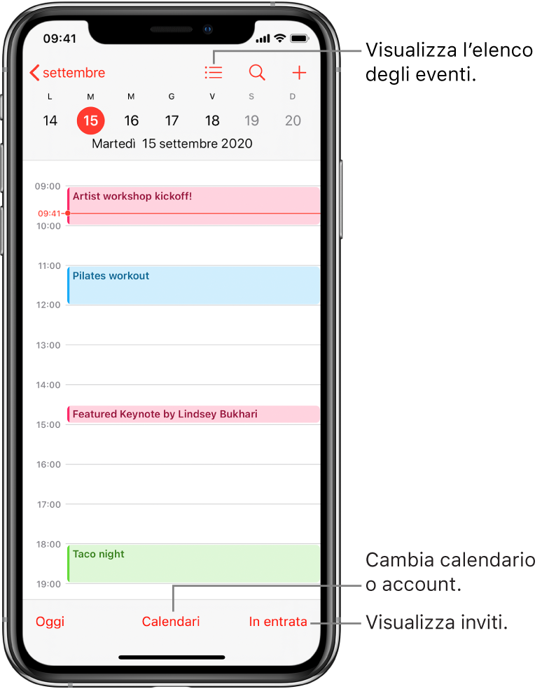 Un calendario nella vista Giorno che mostra gli eventi programmati. Tocca il pulsante Calendari nella parte bassa dello schermo per cambiare gli account da inserire in Calendario. Tocca il pulsante Entrata in basso a destra per visualizzare gli inviti.