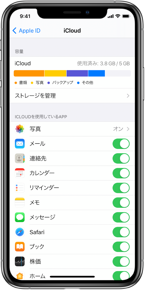 iCloud設定画面。iCloudストレージメーターと、「メール」、「連絡先」、「メッセージ」など、iCloudと連携するAppと機能のリストが表示されています。