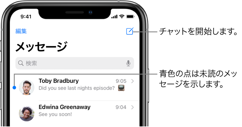 「メッセージ」リスト。左上に「編集」ボタン、右上に新規作成ボタンがあります。メッセージの左側にある青い点は未読であることを示します。