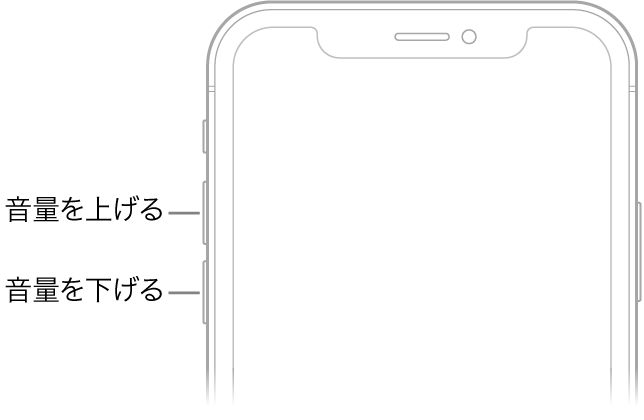 iPhoneの前面の上部。左上の音量を上げる/音量を下げるボタンが示されています。