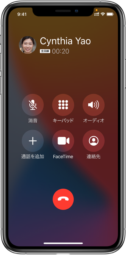 「電話」画面。通話中に使用するオプションの各ボタンが表示されています。上部には左から順に、「消音」、「キーパッド」、「スピーカー」ボタンがあります。下部には左から順に、「通話を追加」、「FaceTime」、「連絡先」ボタンがあります。