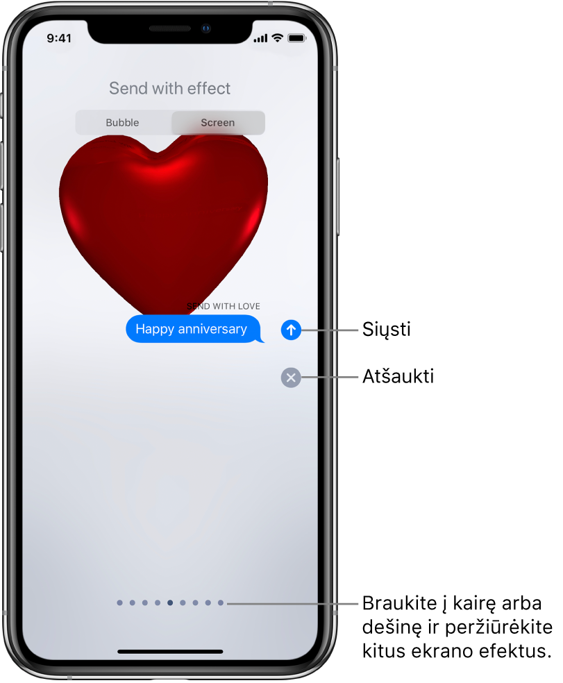 Žinutės peržiūra, kai rodomas viso ekrano efektas su raudona širdele.