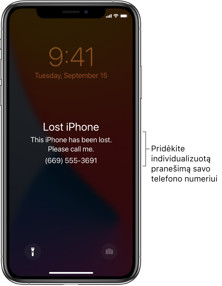 „iPhone“ užrakinimo ekranas su pranešimu: „Pamestas „iPhone“. Šis „iPhone“ pamestas. Prašau man paskambinti. (669) 555-3691.“ Galite įvesti parinktinį pranešimą su savo telefono numeriu.