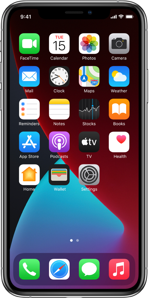 „iPhone“ pradžios ekranas įjungus „Dark Mode“.