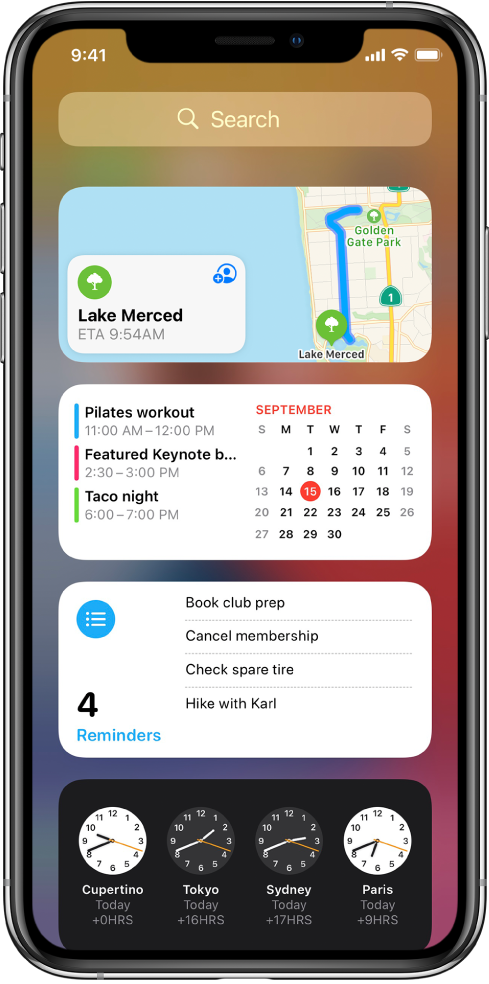 „Today View“ valdikliai „iPhone“ įrenginyje, įskaitant „Maps“, „Calendar“, „Reminders“ ir „Clock“ valdiklius.