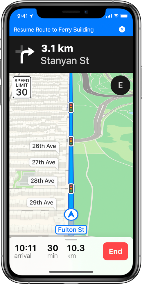 Vairavimo nuorodų žemėlapis, ekrano viršuje pateikta mėlyna juosta, skirta tęsti kelionę maršrutu į „Ferry Building“.