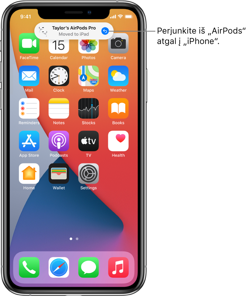 Užrakinimo ekranas su viršuje esančiu pranešimu „Taylor's AirPods Pro Moved to iPad“ ir mygtukas, kad „AirPods“ vėl būtų perjungta į „iPhone“.