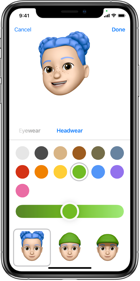 „Memoji“ kūrimo ekranas, kurio viršuje rodomas kuriamas veikėjas, po juo rodomos veikėjo tinkinimo funkcijos, o po jomis – pasirinktos funkcijos parinktys. Mygtukas „Done“ pateikiamas viršuje dešinėje, o mygtukas „Cancel“ – viršuje kairėje.