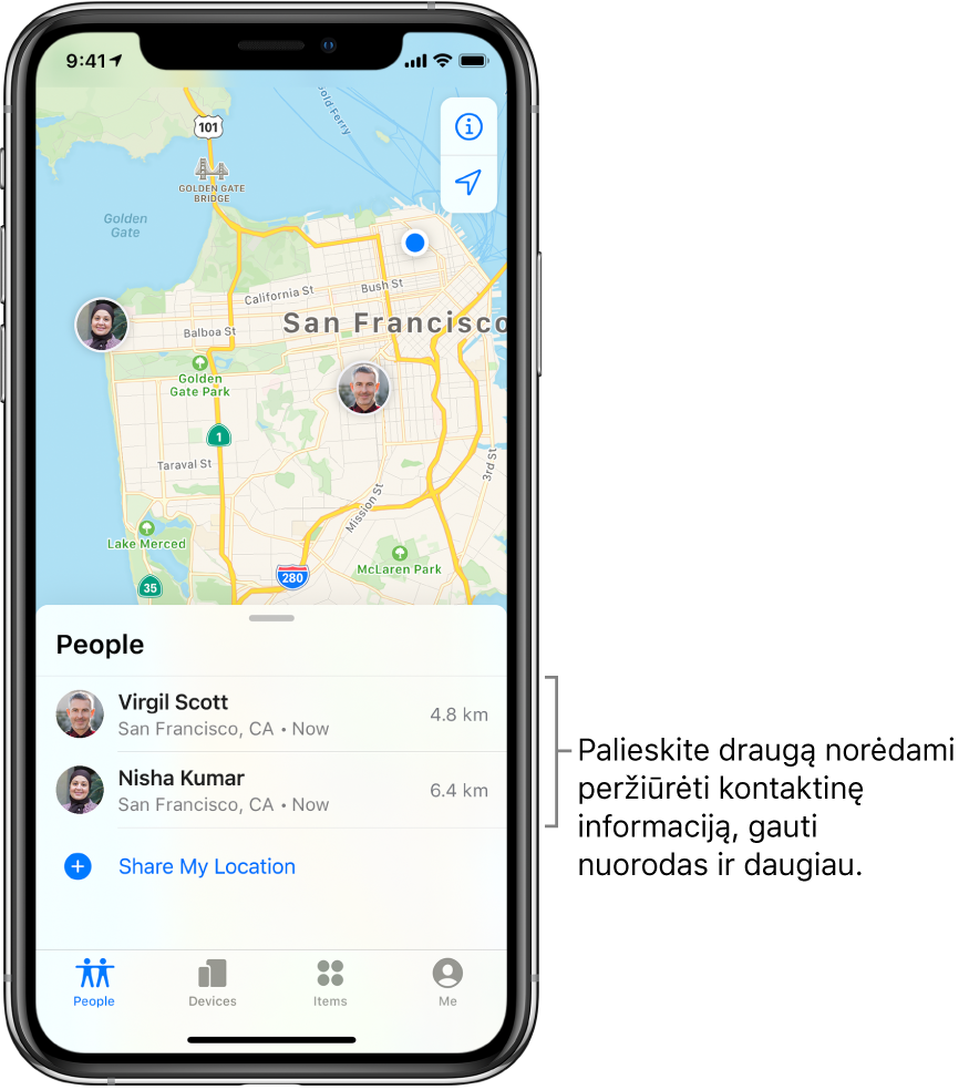 „Find My“ ekranas, atidaryta kortelė „People“. Sąraše „People“ rodomi du draugai: Virgil Scott ir Nisha Kumar. Jų vietos rodomos San Fransisko žemėlapyje.