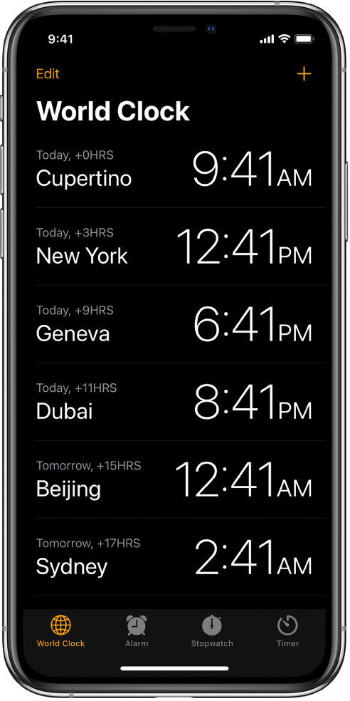 „World Clock“ skirtukas, rodantis laiką įvairiuose miestuose. Viršutiniame kairiajame kampe palieskite „Edit“, jei norite pakeisti laikrodžių tvarką. Viršuje dešinėje palieskite mygtuką „Add“, jei norite pridėti daugiau laikrodžių. Mygtukai „World Clock“, „Alarm“, „Stopwatch“ ir „Timer“ mygtukai rodomi ekrano apačioje.