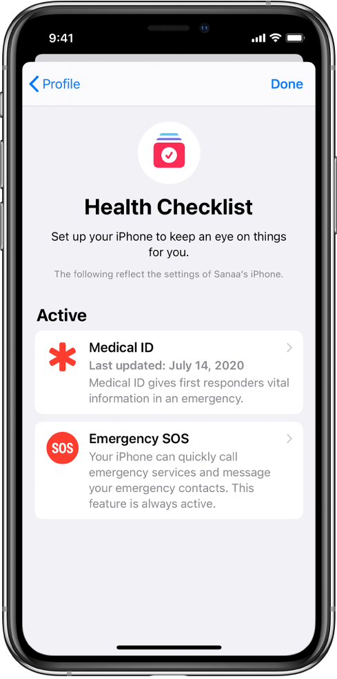 Sveikatos kontrolinio sąrašo ekrane rodoma, kad funkcijos „Medical ID“ ir „Emergency SOS“ yra aktyvios.
