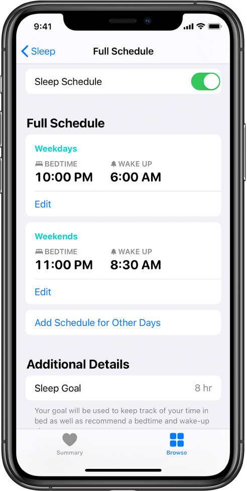 Programos „Health“ parinkties „Sleep“ ekranas „Full Schedule“. Ekrano viršuje įjungta „Sleep Schedule“. Ekrano viduryje rodomas šiokiadienių miego tvarkaraštis ir savaitgalių miego tvarkaraštis. Žemiau yra mygtukas kitų dienų tvarkaraščiui pridėti. Ekrano apačioje, dalyje „Additional Details“ rodomas 8 valandų miego tikslas.