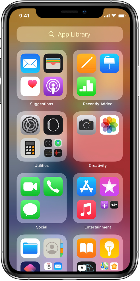 „iPhone“ sritis „App Library“, kurioje rodomos pagal kategorijas suskirstytos programos („Utilities“, „Creativity“, „Social“, „Entertainment“ ir t. t.).
