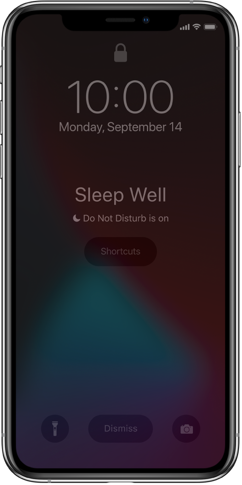 „iPhone“ telefone „Sleep Well“ ir „Do Not Disturb“ rodomi ekrano centre. Po jais yra „Shortcuts“ mygtukas. Ekrano apačioje, iš kairės į dešinę yra „Flashlight“, „Dismiss“ ir „Camera“ mygtukai.
