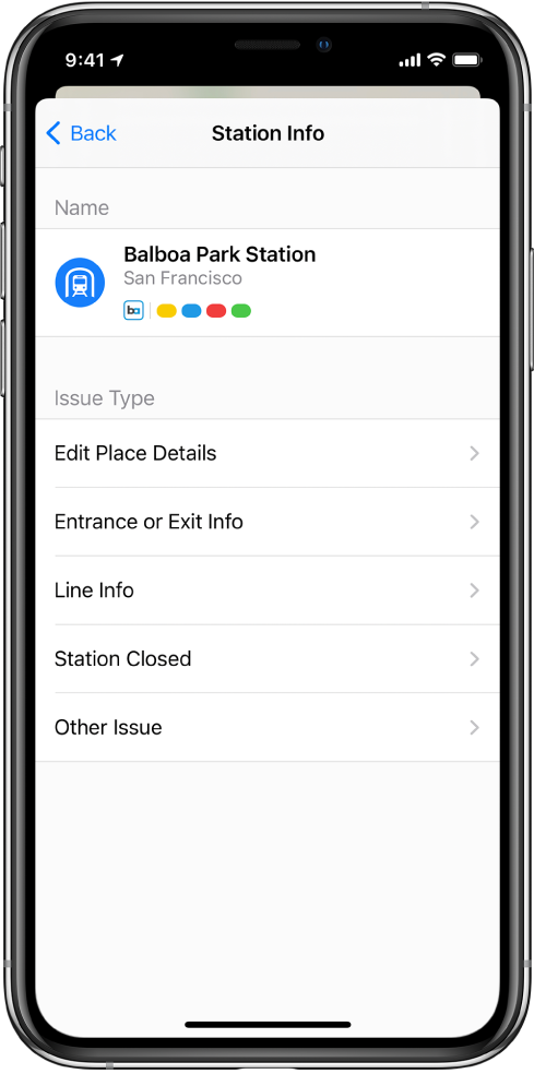 Ekranas, skirtas pranešti apie klaidingą viešojo transporto stotelės informaciją. Pateikiami problemų tipai: „Edit Place Details“, „Entrance or Exit Info“, „Line Info“, „Station Closed“ ir „Other Issue“.
