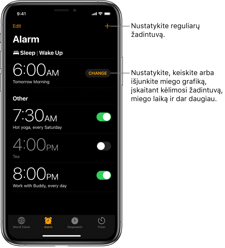 Kortelė „Alarm“, rodanti keturis įvairių nustatytų laikų žadintuvus, mygtuką, viršuje dešinėje esantį mygtuką, skirtą nustatyti reguliarų žadintuvą, ir kėlimosi žadintuvą su mygtuku, skirtu pakeisti miego grafiką programoje „Health“.