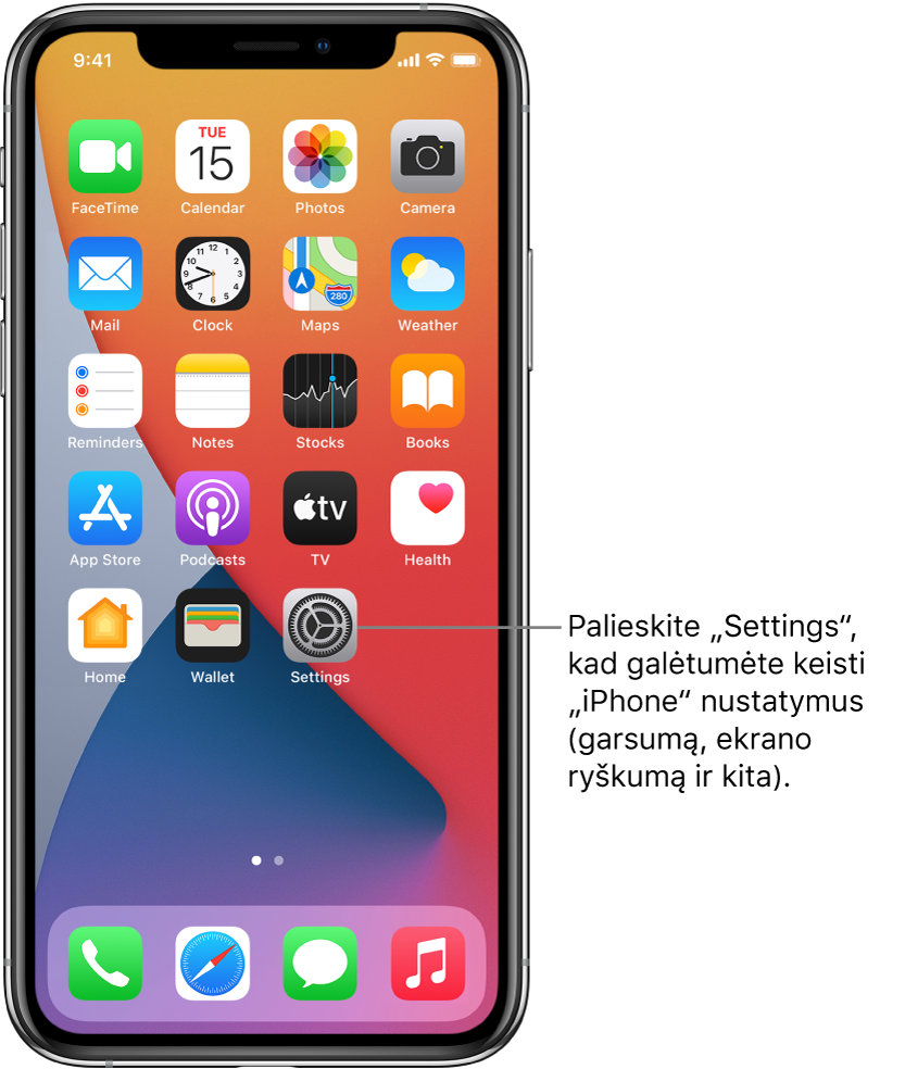 Pradžios ekranas su keliomis programų piktogramomis, įskaitant programos „Settings“ piktogramą, kurią palietę galite keisti „iPhone“ garsumą, ekrano ryškumą ir kt.