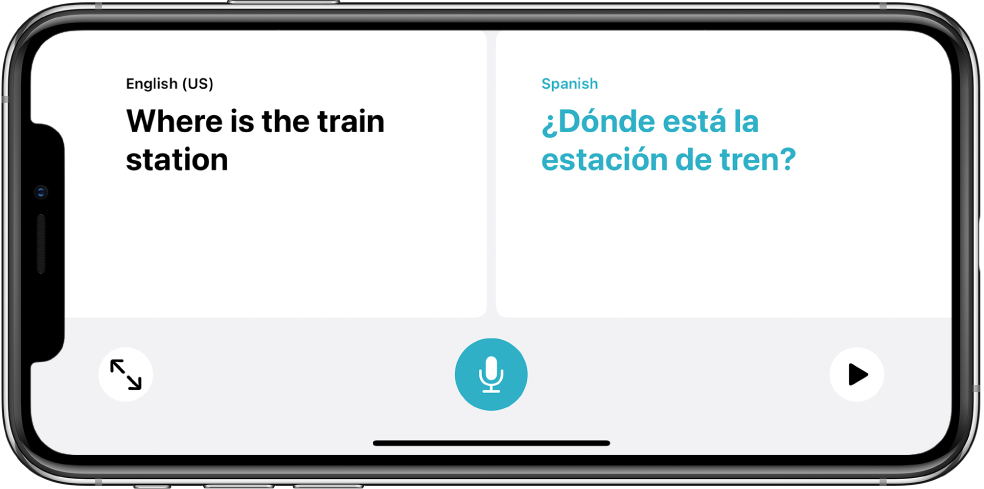 „iPhone“ horizontalioje padėtyje, kuriame kairėje rodoma frazė anglų kalba ir vertimas į ispanų kalbą dešinėje.